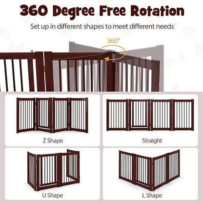 Giantex Dog Gate with Door - 30''H × 80''W Wooden Pet Gate with Walk Through Door, Foldable Freestanding 4 Panels Pet Safety Fence Extra Wide for Doorway Stairs House Deck Yard, Dark Cherry Brown