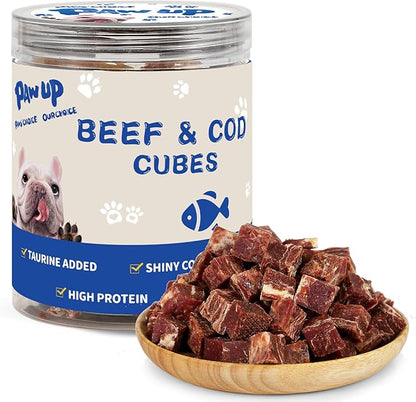 PAWUP Dog Treats Training Rewards, Beef Cod Cubes, 1% Taurine Added, 12.5 oz, Rawhide Free, Grain Free, Low Fat Dog Training Rewards and Snacks, No Additives