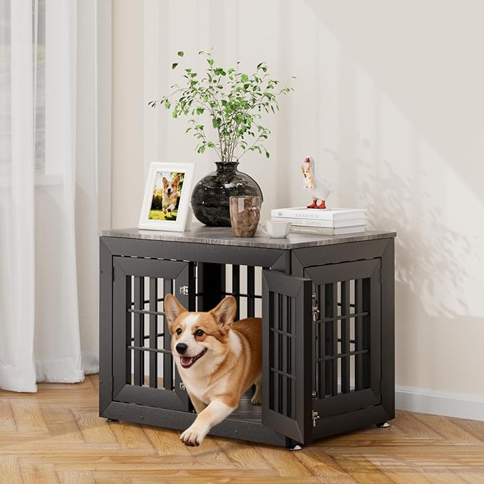 Snuowu 32" Heavy Duty Dog Crate Furniture for Small,Medium and Large Dogs,Rustic Wooden Dog Cage Kennel Indoor Furniture with Waterproof Top,Decorative Pet House Side End Table (Black & Grey)