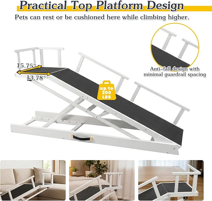 6 Level Height Adjustable Dog Ramp for Bed, Couch 65" Foldable Pet Ramp with Non-Slip Mat，DIY Glow Strips & Rest Platform Heavy Duty Dog Stairs for Large Dogs up to 200Lbs ，White