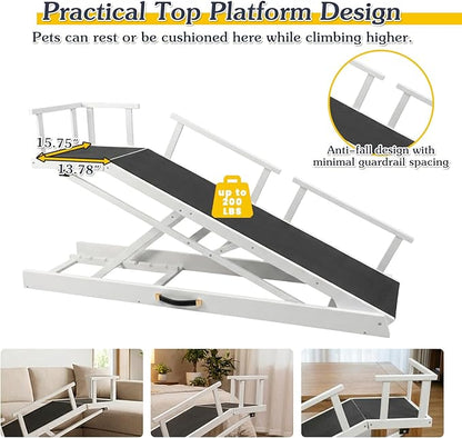 6 Level Height Adjustable Dog Ramp for Bed, Couch 65" Foldable Pet Ramp with Non-Slip Mat，DIY Glow Strips & Rest Platform Heavy Duty Dog Stairs for Large Dogs up to 200Lbs ，White