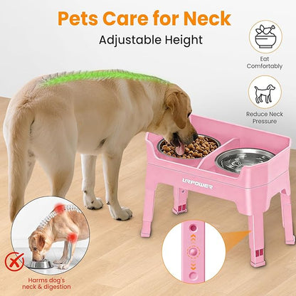 URPOWER 3-in-1 Elevated Dog Bowls - Mess Proof Double Deck 4 Height Adjustable Raised Stand with 2 Stainless Steel Food Bowls & Licking Plate for Small, Medium & Large Dogs