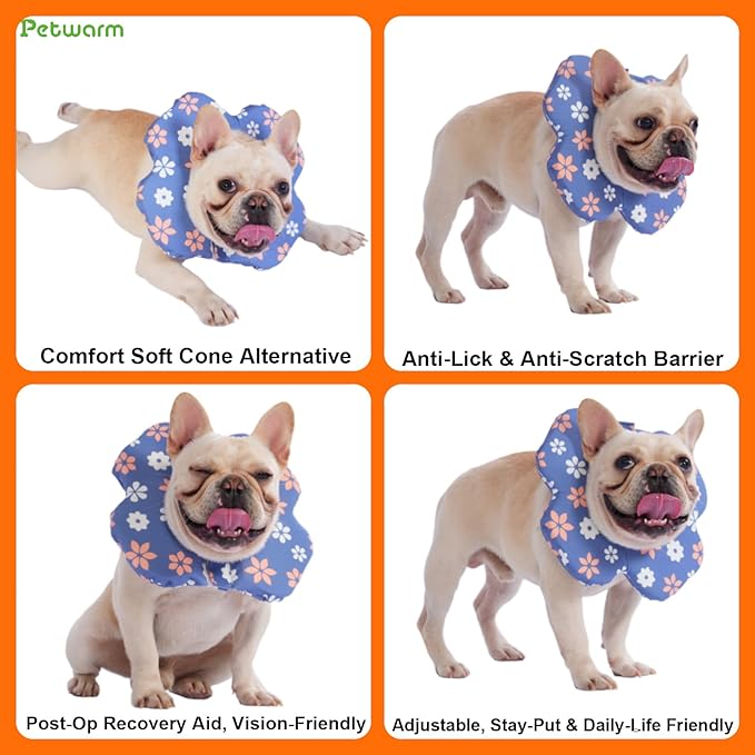PetWarm Dog Recovery Collar, Recovery Collar for Dogs, Lightweight Soft Flower Design, Comfortable Neck Protector Helps Discourage Licking, Post-Visit Protective Collars, Flower Print, Blue, L