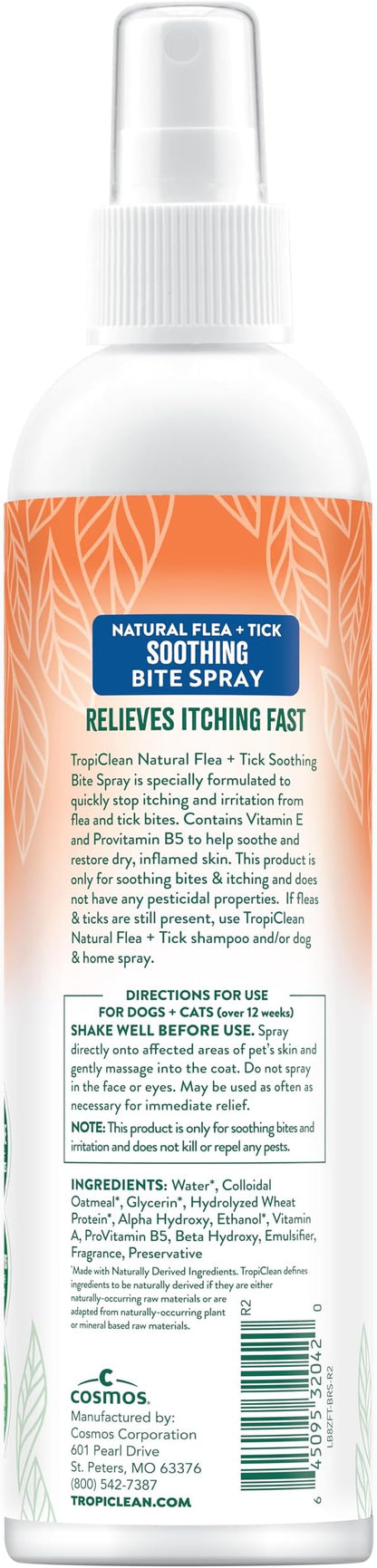 TropiClean Flea and Tick Bite Relief Treatment Spray for Dogs & Cats, Advanced Care Itch Relief Spray, Made in USA, 8oz