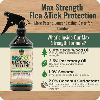 Trail Guard MAX - Natural Extra Strength Insect, Flea and Tick Spray for Dogs, Cats, People & Home (16oz MAX Strength, Cedarwood & Rosemary)