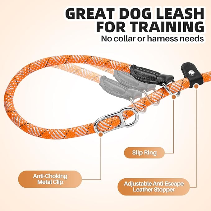 SlowTon Slip Lead for Dogs - Hands Free No Tangle Adjustable 4-6 FT 1/2” Rope, Heavy Duty Nylon Leash for Large Medium Dogs that Pull, No Pull Training Slip Leashes, 20-120lb, Orange