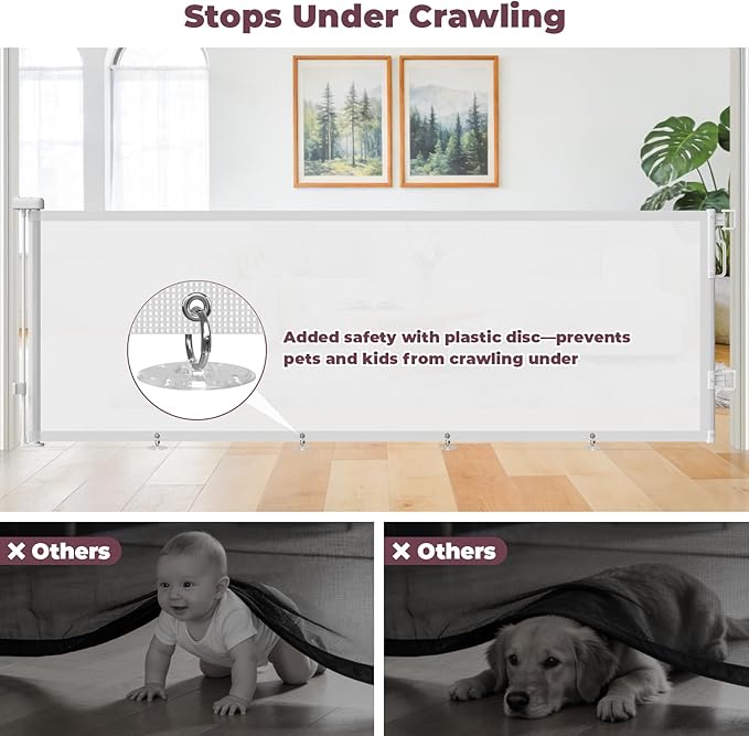 96" Retractable Baby Gates Large Openings, Extra Wide Mesh Dog Gate for Garage Deck Porch, Strong Suction Disc Prevent Crawling Under, 34" Tall Long Safety Gate for Child Indoor Outdoor, White