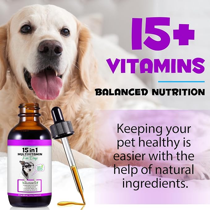 Dog Multivitamin,15 in 1 Dog Multivitamin Liquid Drops Supplements, Dog Vitamins for Heart Health, Bones, Joint, Skin & Coat, Bladder, Immune System Support 60ml