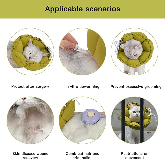 H HIDREAM Soft Cat Cone Collar， Cute Adjustable Cat Recovery Collar，Elizabethan e Collar that can Protect Head and Foot Wounds，Green Flower All-Season Style