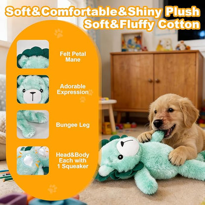 Green Lion Plush Squeaky Dog Toy with Bungee Leg Puppy Teething Chew Toy Cute Soft Funny Indoor Outdoor Interactive Stuffed Animal Dog Toy for Small Medium Large Dogs Toy Gift 36.5cm/14.37in