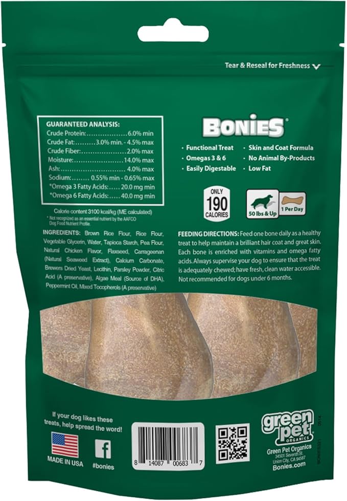 Bonies Natural Skin & Coat Formula Large-Sized Single Bone - Promote Silky Coat & Healthy Skin, Healthy Teeth & Fresh Breath, Low Calories - Chicken Flavor, [Large Dogs], 5 Bones