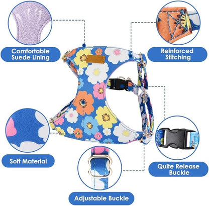 Lukovee Puppy Harness and Leash Set, No Pull Lightweight Soft Suede Adjustable Pet Harness Vest with Snap Buckle for Puppy Small and Medium Size Dog (Blue Flower, XS)