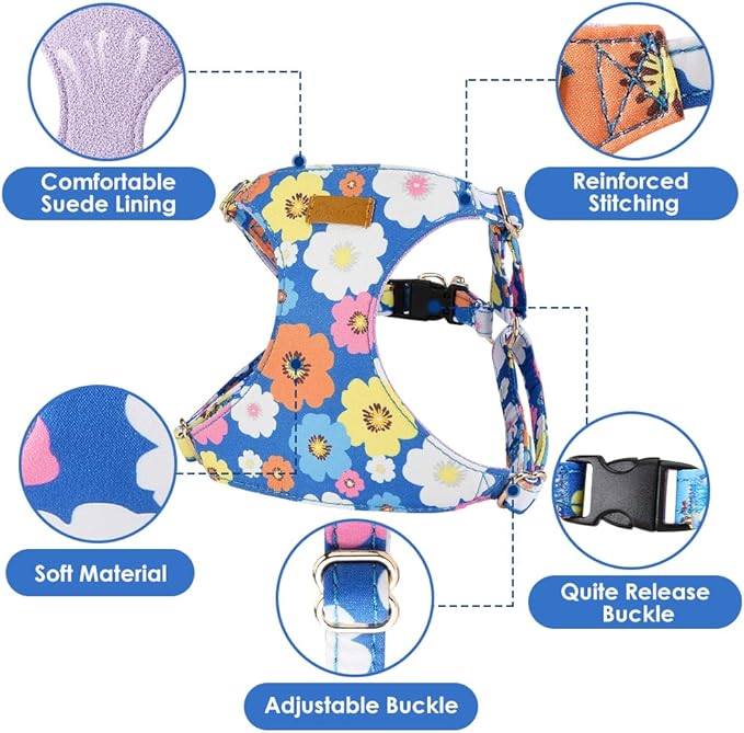 Lukovee Puppy Harness and Leash Set, No Pull Lightweight Soft Suede Adjustable Pet Harness Vest with Snap Buckle for Puppy Small and Medium Size Dog (Blue Flower, XXS)