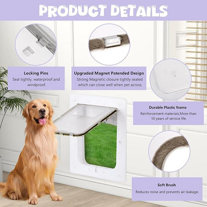 Weatherproof Plastic Dog Door with Secure Locking Panel, Durable White Pet Door 8.5"x11.5" for Large Dogs & Pets, Easy Install for Interior & Exterior Doors, Walls, Screens