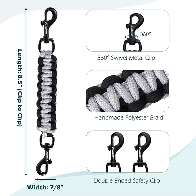 PetBonus Dog Collar Safety Clip, Handmade Backup Safety Strap for Dog Harness, Prong, Pinch Collar, Double Ended Clasp Leash Connector (Black, Grey)