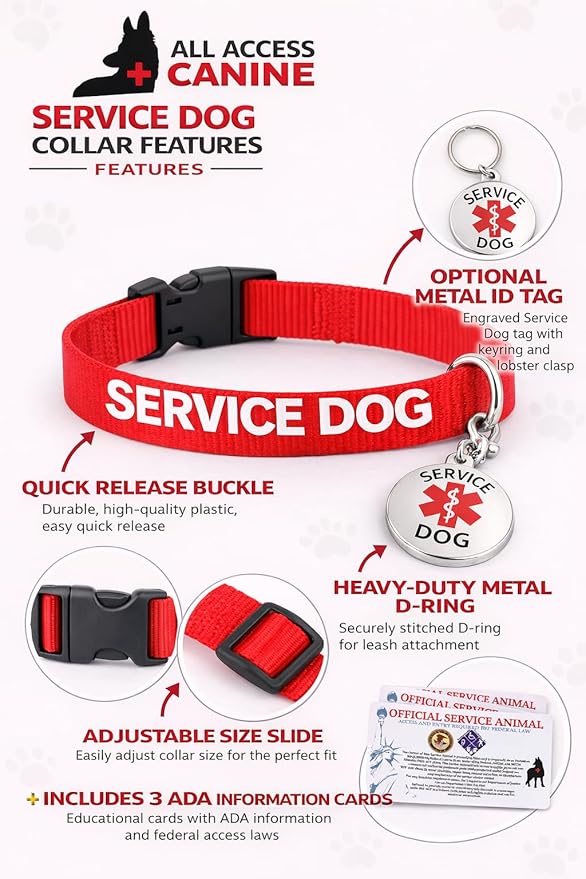 Service Dog Collar & Emotional Support Animal (ESA) Collar with Metal ID Tag + 3 Information Cards – Adjustable Heavy-Duty Nylon | ALL ACCESS CANINE