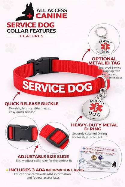 Service Dog Collar & Emotional Support Animal (ESA) Collar with Metal ID Tag + 3 Information Cards – Adjustable Heavy-Duty Nylon | ALL ACCESS CANINE