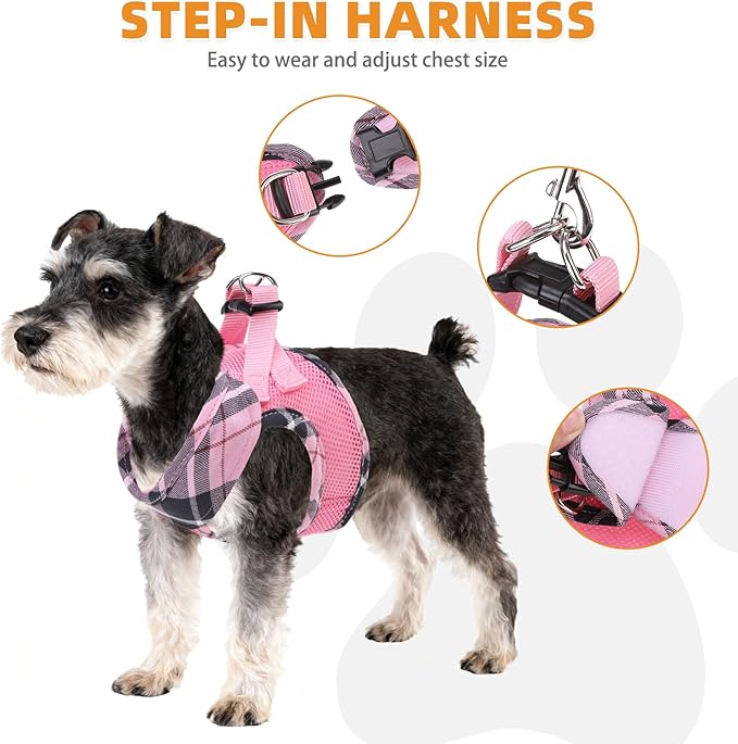 KOOLTAIL Dog Harness and Leash Set, Cute Pink Girl Dog Harness Medium Sized Dog, Step in No Pull Soft Mesh Pet Vest Harness Collar for Dogs Cats, Plaid Puppy Halters for Outdoor Walking, Pink M