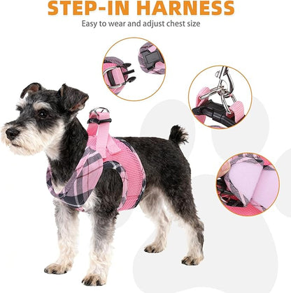 KOOLTAIL Dog Harness and Leash Set, Cute Pink Girl Dog Harness Medium Sized Dog, Step in No Pull Soft Mesh Pet Vest Harness Collar for Dogs Cats, Plaid Puppy Halters for Outdoor Walking, Pink M