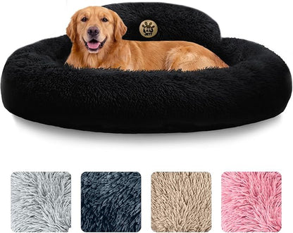 PetJett Large Dog Bed - 36'' Calming Donut Dog Beds, Anti-Slip & Washable Large Round Bed, Fluffy Faux Fur Pet Bed, Super Soft Anti-Anxiety Premium Comfort Bed, Fits Dogs up to 80 lbs - Black