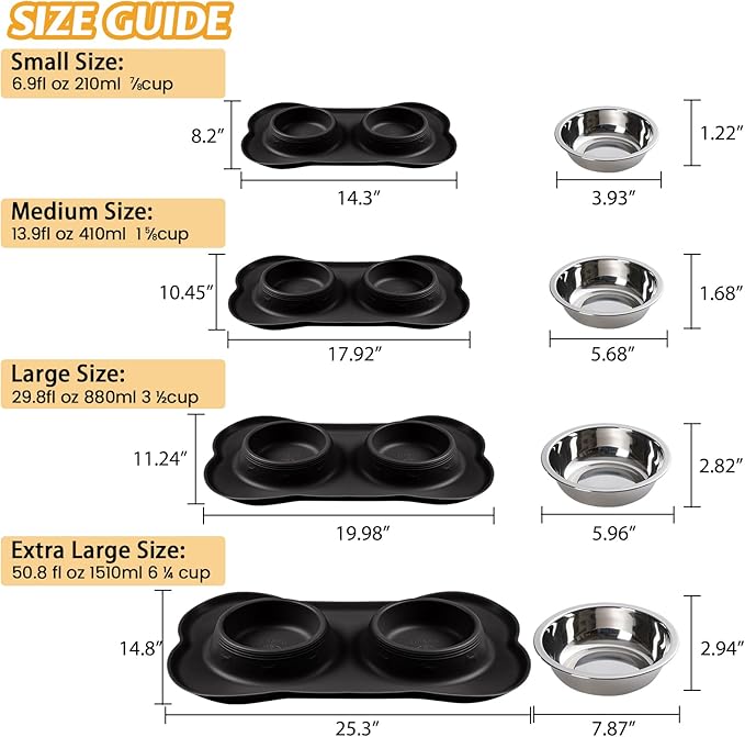 Hubulk Pet Dog Bowls 2 Stainless Steel Dog Bowl with No Spill Non-Skid Silicone Mat + Pet Food Scoop Water and Food Feeder Bowls for Feeding Small Medium Large Dogs Cats Puppies (S, Black)