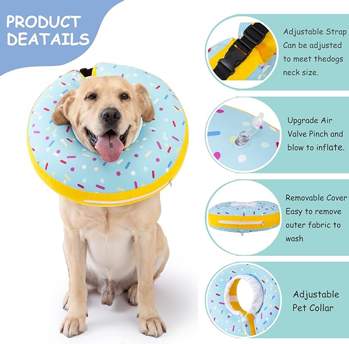 Dog Cone Collar Inflatable Donut for Large Medium Small Dogs, Soft Waterproof Dog Cone Alternative After Surgery Prevents Licking Wounds Easy Clean (Blue, M (Neck 9"-12"))