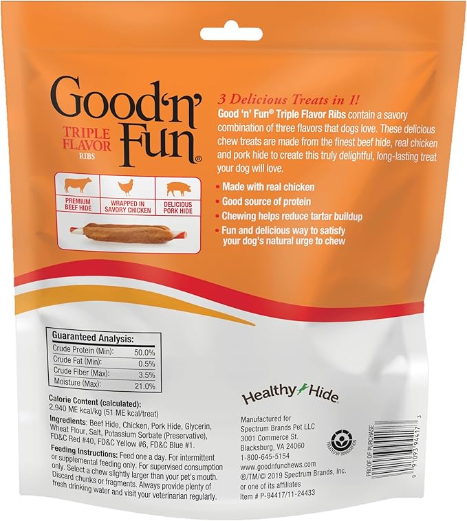 Good 'n' Fun Triple Flavor Ribs Chews for All Dogs, Treat Your Dog to Long-Lasting Chews Made with Beef Hide, Chicken and Pork Hide, 12 Ounces