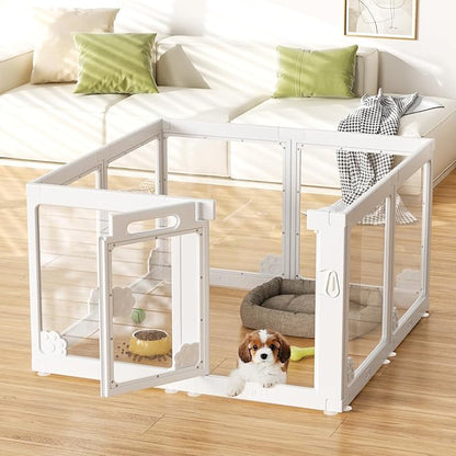 24” Acrylic Clear Dog Play Pen Indoors 8 Panels, Puppy Playpen with Door for Small Dogs Puppies, Transparent Plastic Pet Playpen Cage Fence Crate Kennel for Cat Kitten Rabbit Bunny Ferret etc
