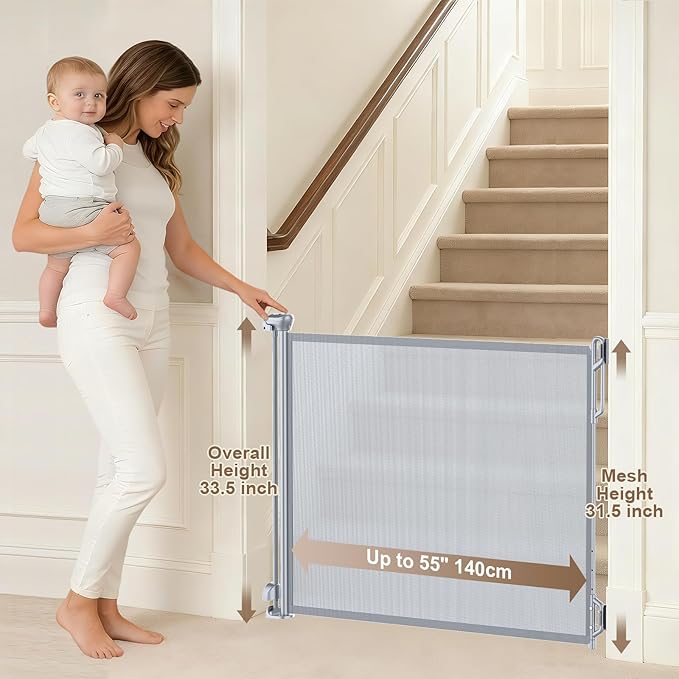 SPACEANY Retractable Baby Gate for Stairs & Doorways - 55" Wide Portable Safety Gate | Fits Baseboards, Easy to Use Indoor/Outdoor | Mesh Gate for Dogs, Puppies, Gray