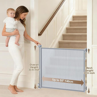 SPACEANY Retractable Baby Gate for Stairs & Doorways - 55" Wide Portable Safety Gate | Fits Baseboards, Easy to Use Indoor/Outdoor | Mesh Gate for Dogs, Puppies, Gray