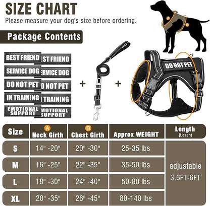 Tactical Dog Harness and Leash Set Medium Sized Dog,Heavy Duty No Pull Service Dog Vest and 10 Patches with Dog Seat Belt,Reflective Adjustable Pet Harness for Training Walking Hiking Black M
