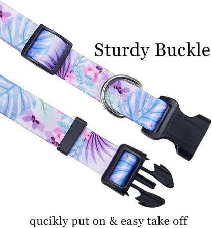 Mihqy Dog Collar and Leash Set with Bohemia Floral Tribal Geometric Patterns - Soft Ethnic Style Collar Adjustable for Small Medium Large Dogs(Purple Flower Flower Set,S)
