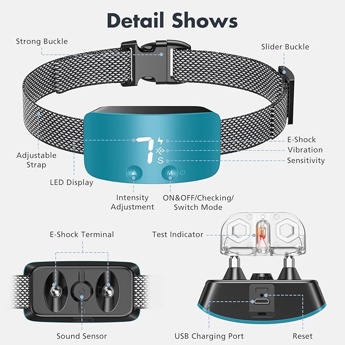 NBJU Bark Collar for Dogs,Rechargeable Anti Barking Training Collar with 7 Adjustable Sensitivity and Intensity Beep Vibration for Small Medium Large Dogs (Teal Blue)
