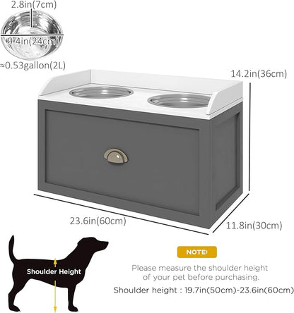 PawHut Feeding Station with Storage Drawer, Food Storage Cabinet with 2 Removable Elevated Bowls for Large Sized Dogs, Gray