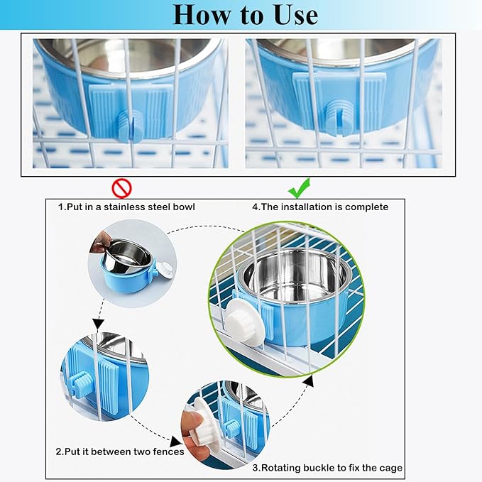 Mechpia 4 Pieces Crate Dog Bowl, Removable Stainless Steel Pet Kennel Hanging Food Water Feeder Bowl Cage Coop Cup for Puppy Medium Dog Cat Rabbit Ferret Bird