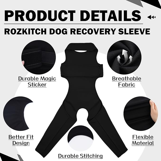 ROZKITCH Dog Sleeve to Prevent Licking for Rear Right Left Leg, Adjustable Pet Leg Sleeve Anti Licking Wound Elbow Protector for Sprain ACL CCL Arthritis Joint Care Black XS