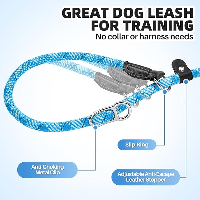 SlowTon Slip Lead Dog Leash, Adjustable 5-7 FT, 1/2” Rope, Heavy Duty Nylon Leashes with Padded Handle & Highly Reflective Threads, No Pull Training Leash for Medium Large Dogs 20-120lb (Light Blue,L)