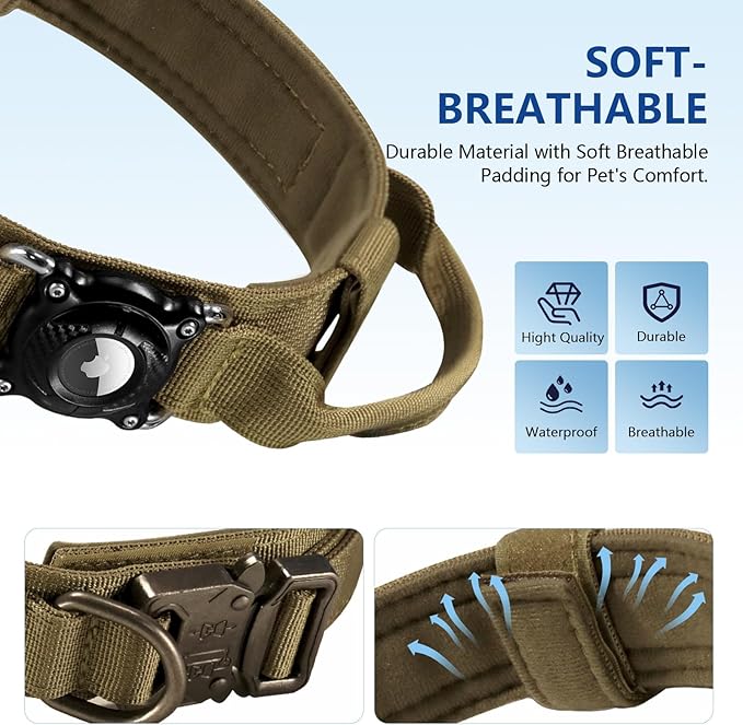 Personalized Tactical Dog Collar with Waterproof airtag Holder & Name Phone Number, Heavy Duty Nylon Military Dog Collar with Strong Metal Buckle for Medium and Large Dogs(Khaki,M)
