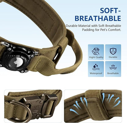 Personalized Tactical Dog Collar with Waterproof airtag Holder & Name Phone Number, Heavy Duty Nylon Military Dog Collar with Strong Metal Buckle for Medium and Large Dogs(Khaki,M)