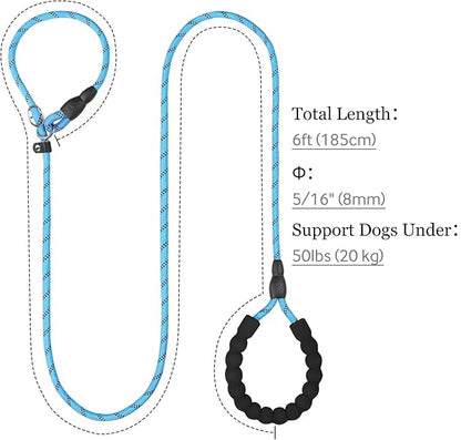 TagME 6ft Slip Dog Lead, No Pull Reflective Training Leash with Padded Handle, Professional Rope P-Leash for Small Medium Large Dogs, Heavy Duty Correction Lead for Walking & Training (Blue)