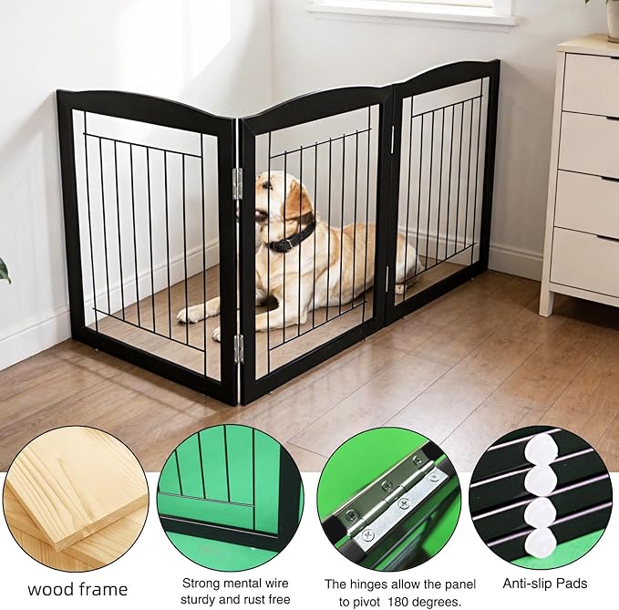ZJSF Freestanding Foldable Dog Gate for House Extra Wide Wooden Black Puppy Gate Stairs Dog Gates Doorways Tall Pet Gate 3 Panels Pet Fence