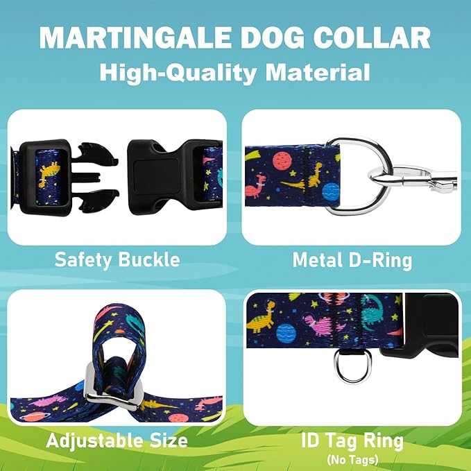 Martingale Collar for Dogs with Buckle No Pull Adjustable Nylon Limited Slip Training Dog Collars (Blue Dinosaur, Medium)