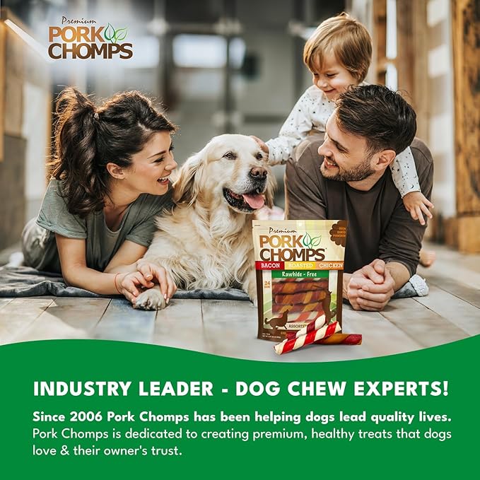 Pork Chomps Baked Pork Skin Dog Chews, 6 Inch Twists, 24 Count - Assorted Flavors - Long-Lasting Treats for Dogs - High Protein, Rawhide-Free, Low Fat, Healthy & Delicious Chews