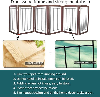 ZJSF Freestanding Foldable Dog Gate for House Extra Wide Wooden Brown Puppy Gate Stairs Dog Gates Doorways Tall Pet Gate 32 "Height 6 Panels Pet Fence