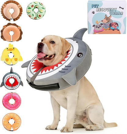 KOOLTAIL Inflatable Dog Cone Collar, Soft Donut E Collar for Dogs After Surgery to Stop Licking Enhanced Alternative, Blow Up Pet Neck Pillow Recovery Adjustable Cone for Dog Cat, Upgrade Size,Shark L