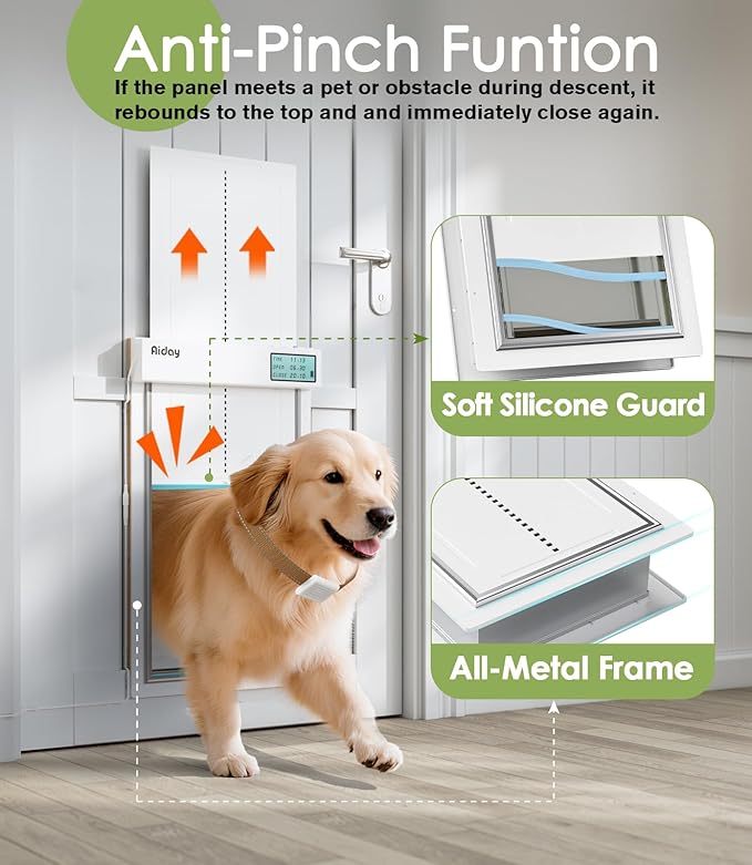 Automatic Dog Door with Collar Sensor, Up to 200 lbs, Electronic Extra Large Dog Door for Exterior Door with Mains-Powered, Timing Function, Anti-Pinch