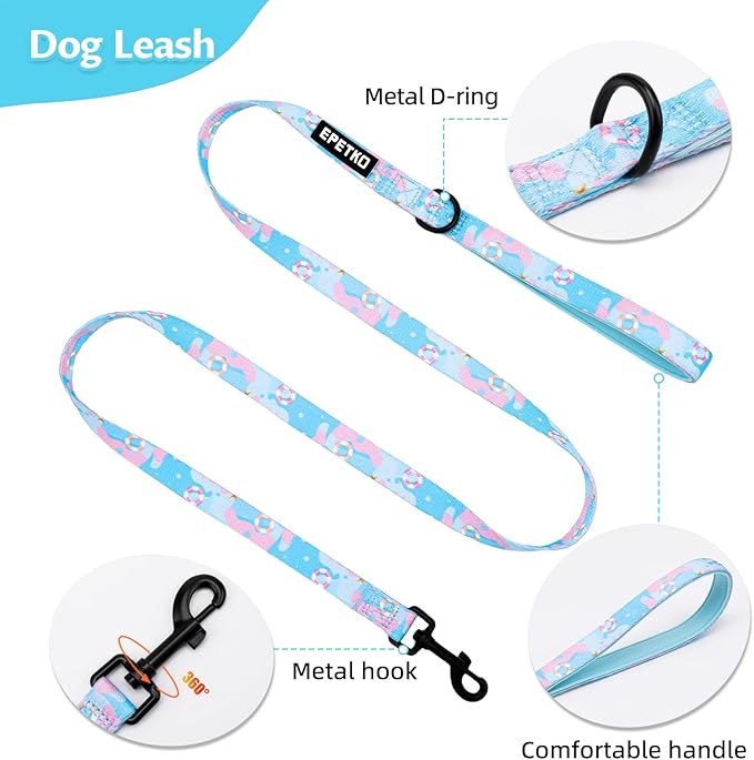 Small Dog Harness and Leash Set of 6, No Pull Soft Lightweight Mesh Puppy Harness， Adjustable Cute Floral Pattern Pet Harness for Small Medium Dogs (Blue Sea, M)