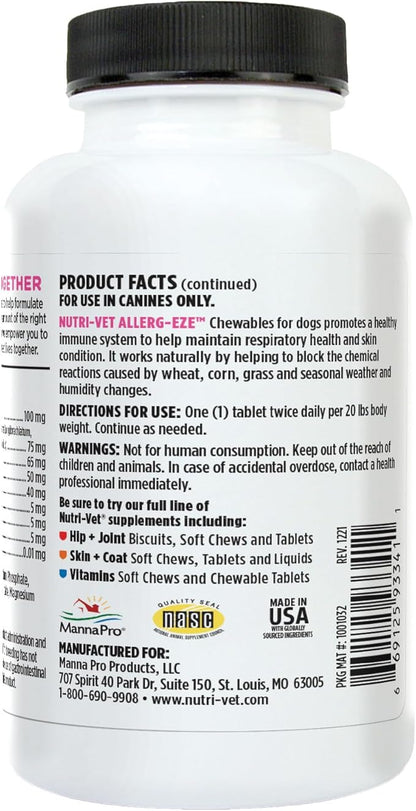 Nutri-Vet Allerg-Eze Chewables for Dogs, Antioxidants & Omega-3 Fatty Acids, Allergy Relief Supplement, Supports Skin, Coat & Respiratory Health, 60 Count
