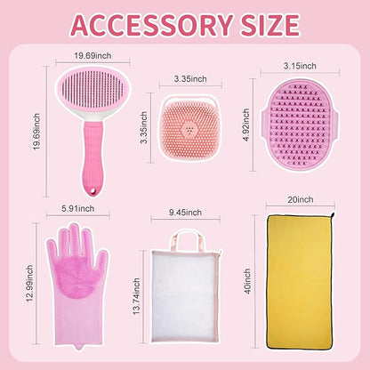 Dog Bath Supplies, Bath Grooming Kit with Storage Bag - Self Cleaning Slicker Brush, Shampoo Brush & Scrubber, Dog Grooming Gloves for Short & Long Haired Dogs & Cats (6 PCS)