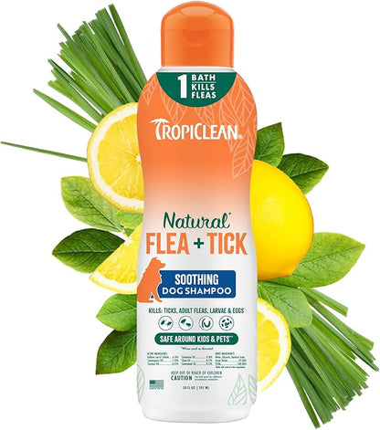 TropiClean Soothing Flea and Tick Shampoo for Dogs, Powerful & Natural Defense, for Large & Small Dogs, Made in USA, 20oz
